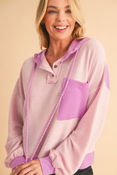 Corded Patch Pocket Drawstring Henley Long Sleeve Tops