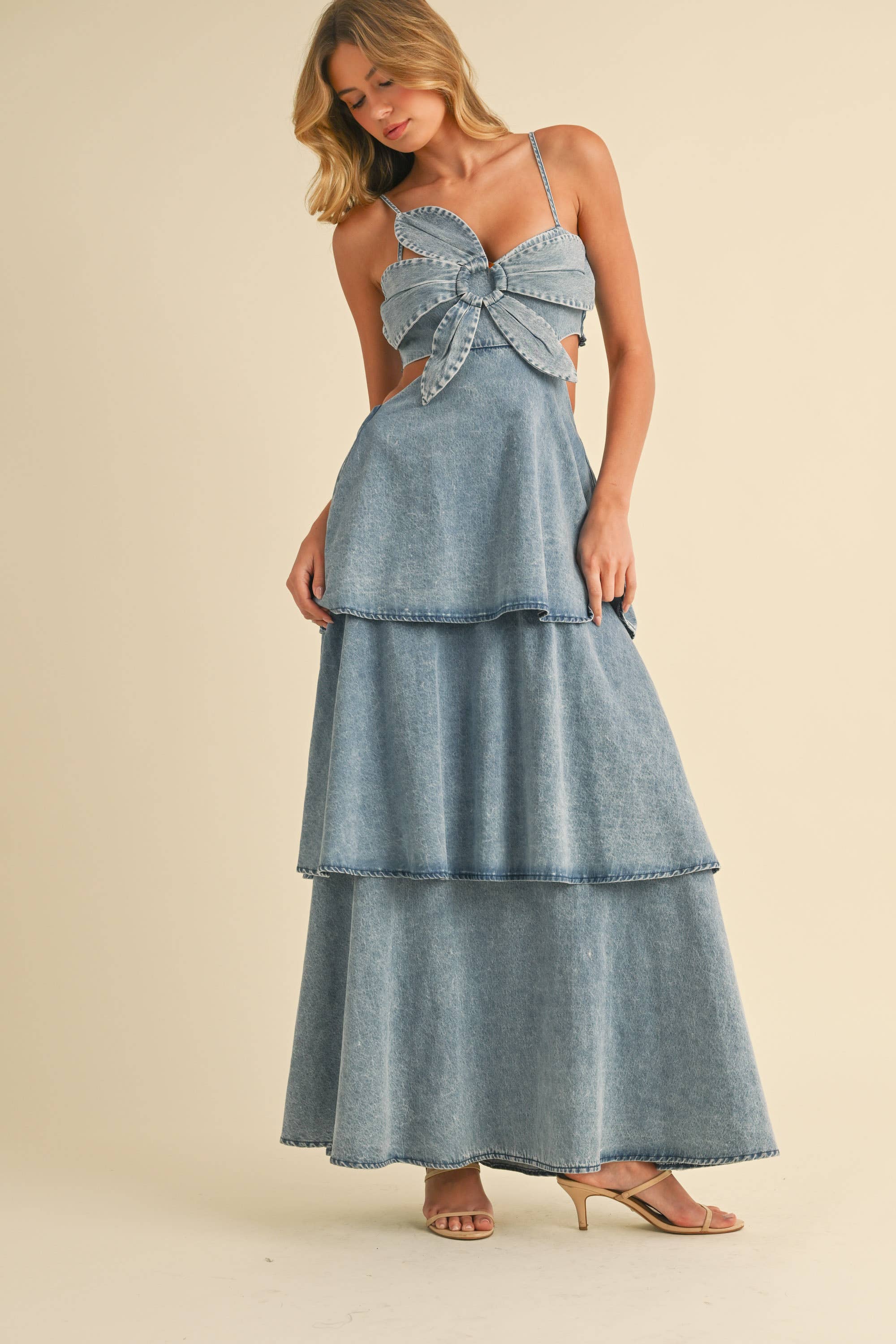 DENIM FLOWER MAXI DRESS M DENIM FLOWER MAXI DRESS M