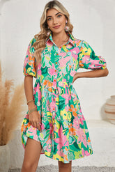 Floral Puff Sleeve Buttoned Babydoll Dress
