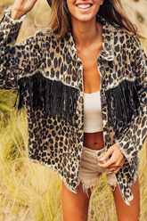 Leopard fringed washed oversized denim jacket