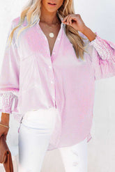 Striped Pastel Pink Casual Shirred Cuffs Shirt