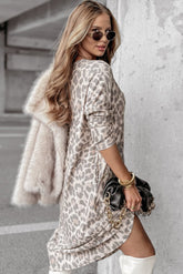 Gray Leopard Print Long Sleeve Midi Dress