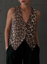 Stylish V-Neck Buttoned Leopard Print Vest Top