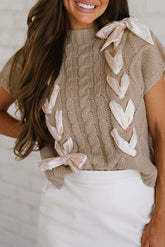Simply Taupe Satin Bow Cable Knit Top