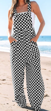Black Checkered Print Pocketed Wide Leg Jumpsuit