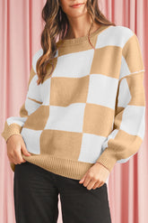 Checkered Bishop Sleeve Pullover Sweater