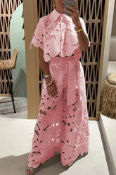 Pink Crochet Floral Lace Button-down shirt & wide leg pant set