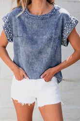 Pearl Embellished Denim Top