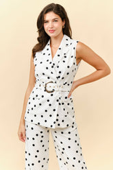 White Polka dot belted vest and pants Suit Set