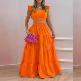 Orange Strappy Top Flared Skirt Set