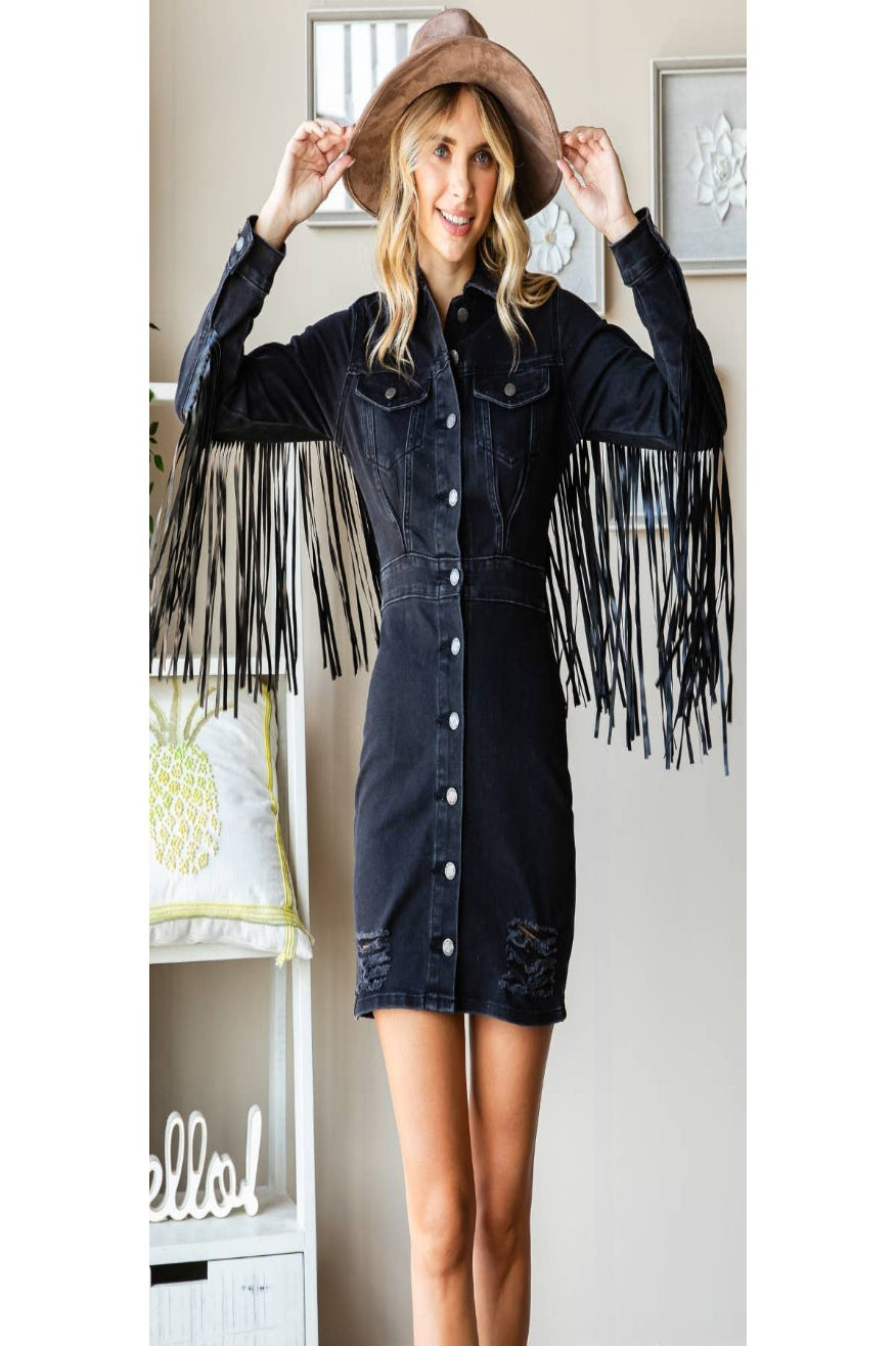 Fringe Western Black Mini Dress S Fringe Western Black Mini Dress S