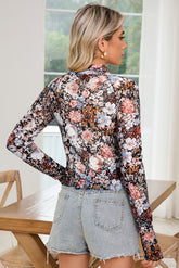 Floral Print Mesh Mock Neck Top