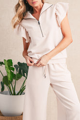Textured Ruffle Sleeve Zipped Top and Wide Leg Pants Set