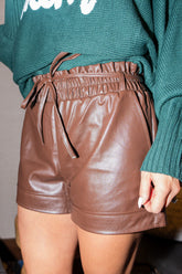 Brown Leather Belted High Waist Shorts