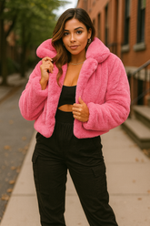 Baby Pink Fleece Bomber Fur Coat