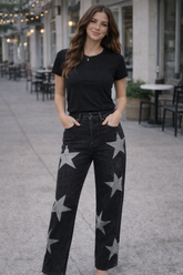 Black Star Sequin Denim Wide Leg Pants