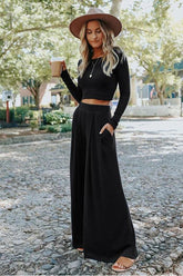 Black Crop Top Pants Set