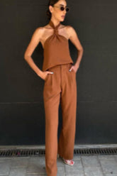 High Waist Brown Trouser Set -clearance