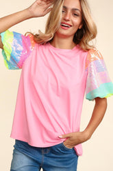 Rainbow Pastel Sequin Puff Sleeve Top