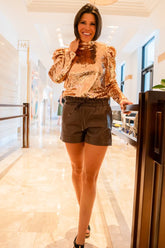 Brown Leather Belted High Waist Shorts