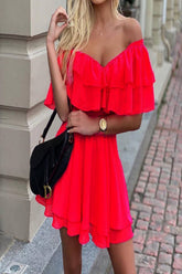 Red Chiffon Off The Shoulder Ruffle Nimi Dress