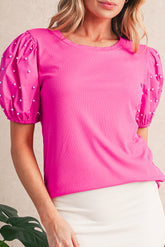Pearl Beaded Puff Sleeve Ribbed Top