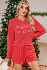 Red MERRY Long Sleeve Top and Shorts Pajama Set