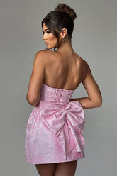 Sexy Jacquard Pastel Pink Strapless Bow Dress