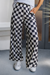 Black Checker Print Wide Leg Pants