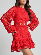 Red Balloon Sleeved Ruffle Lace Dress