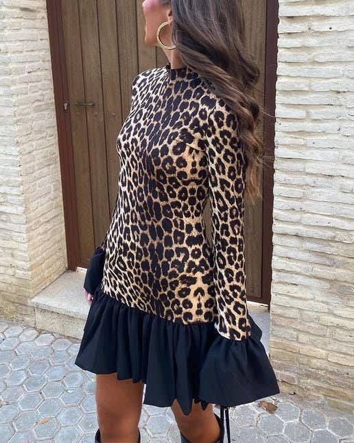Leopard Print Flared Sleeve Slim Mini Dress