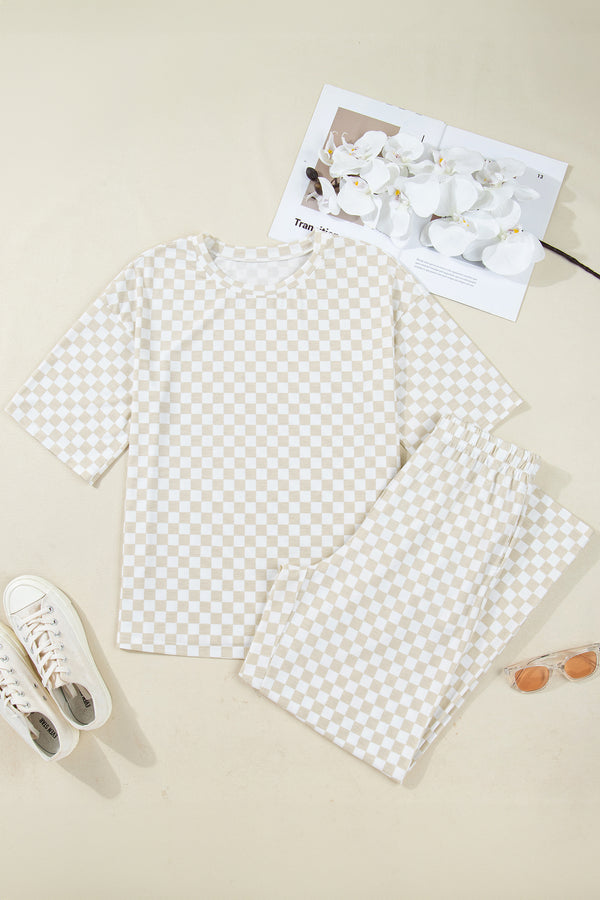 Khaki Checkered Print Lounge Set