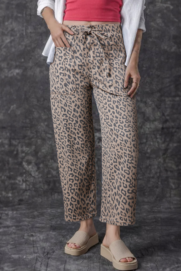 Leopard Printed Drawstring Wide Leg Jeans